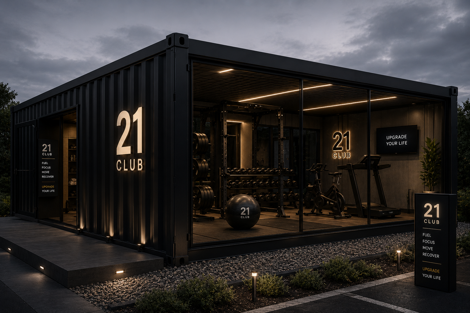 21 Station 120 m² destination black container with full gym and recovery zones