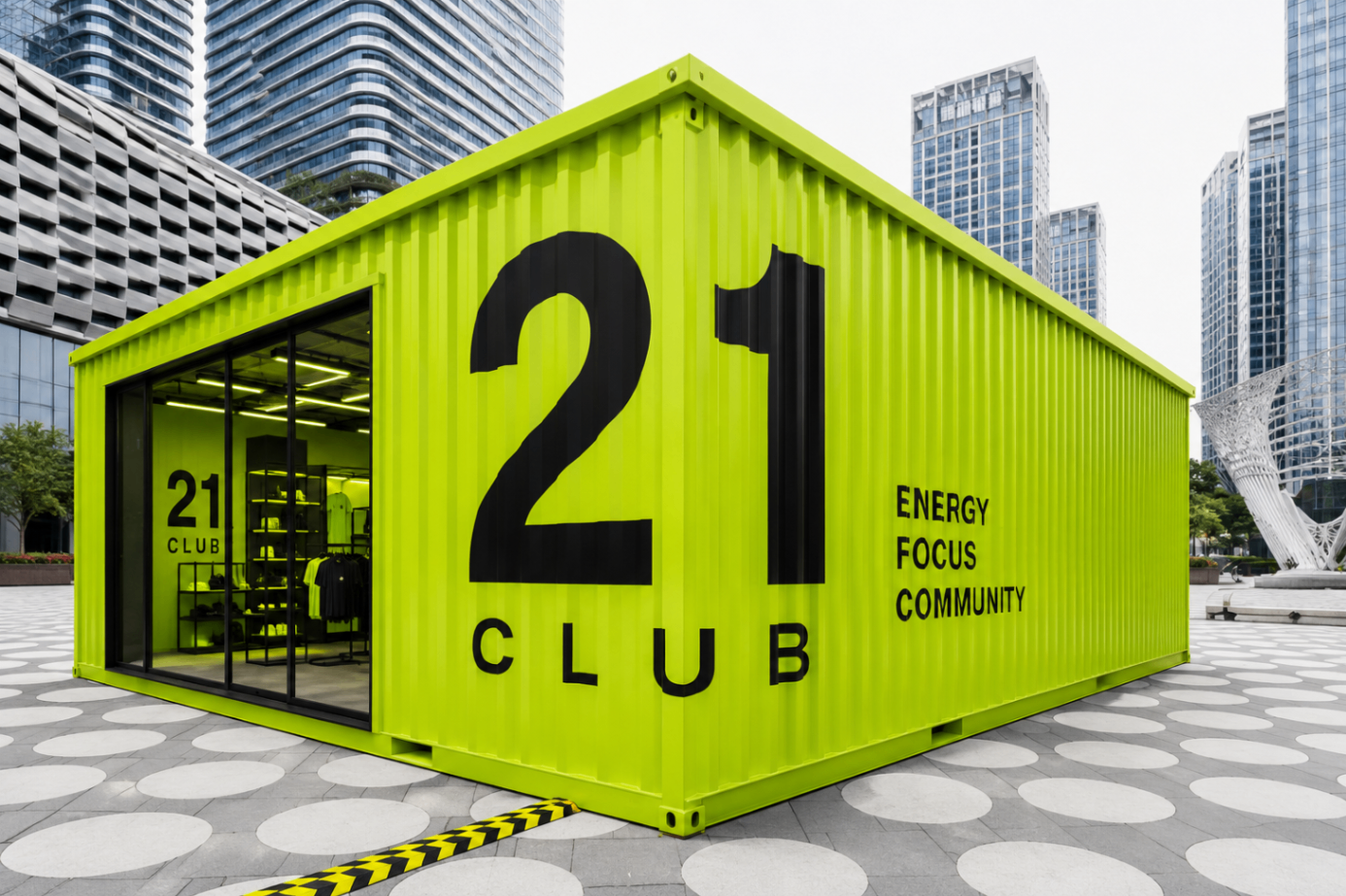 21 SPACE — neon green 21 Club modular container format in an urban plaza