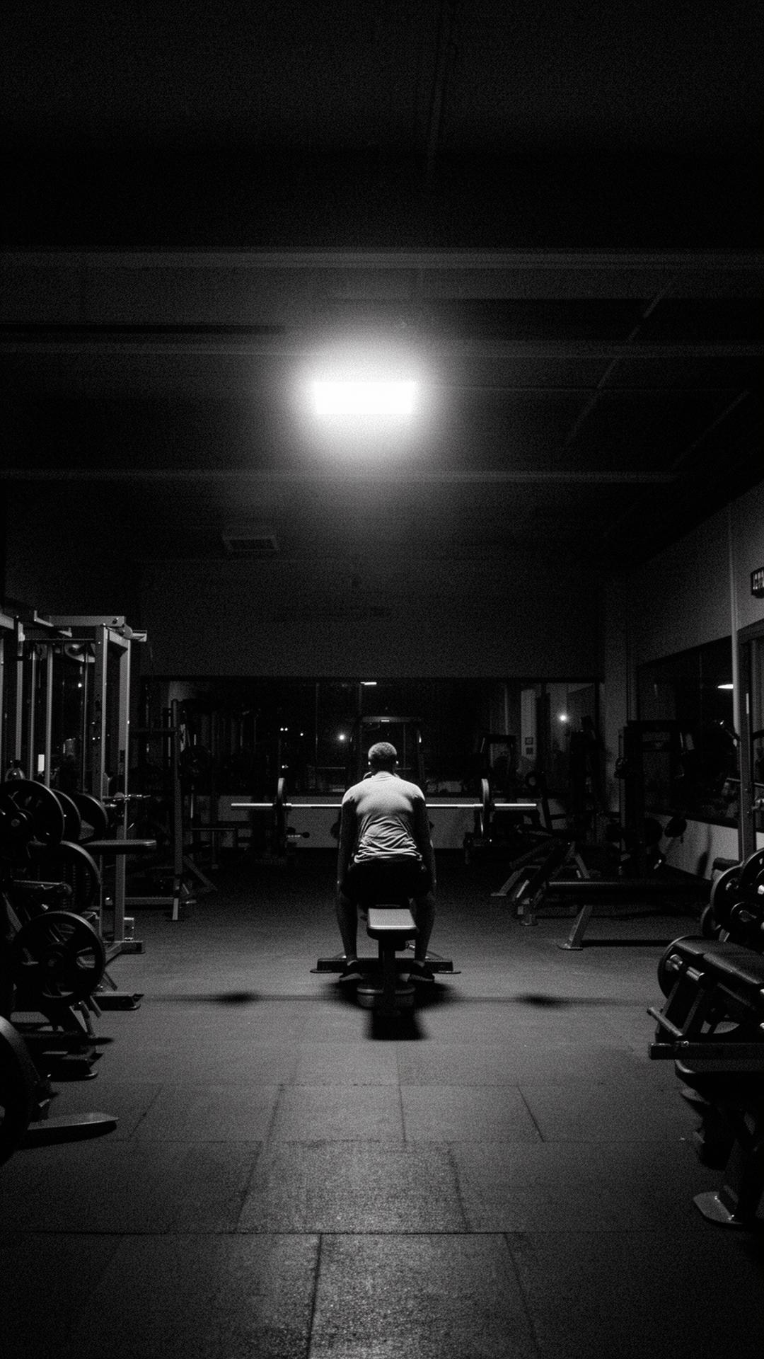 A lone athlete training in an empty gym at night