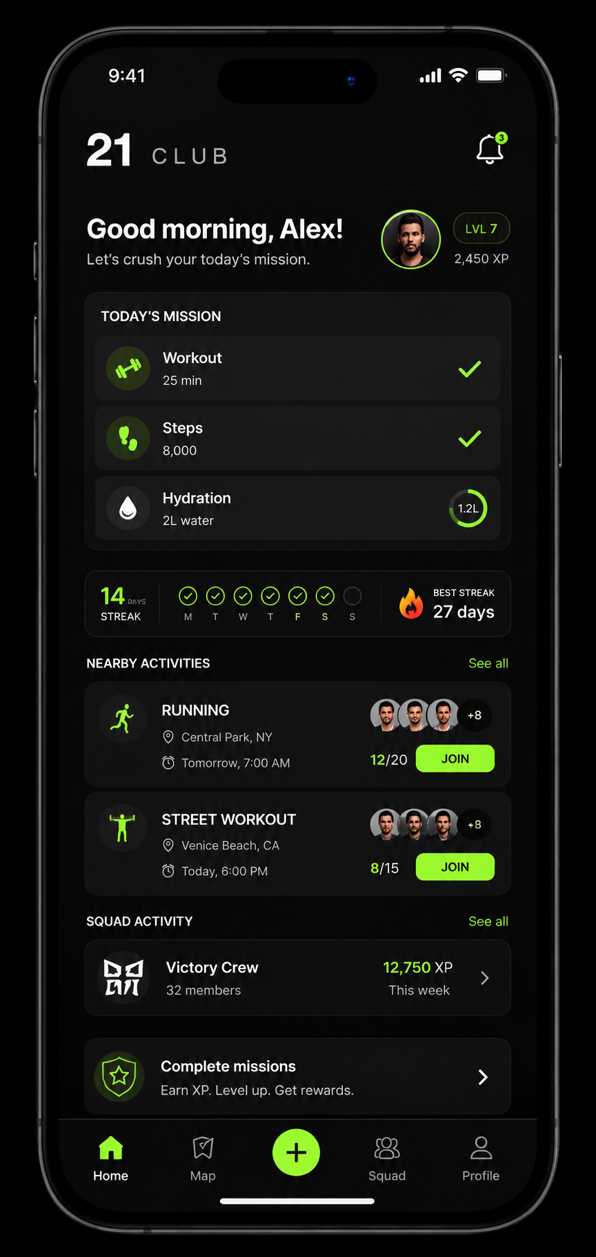 21 app — daily missions, streak and nearby activities