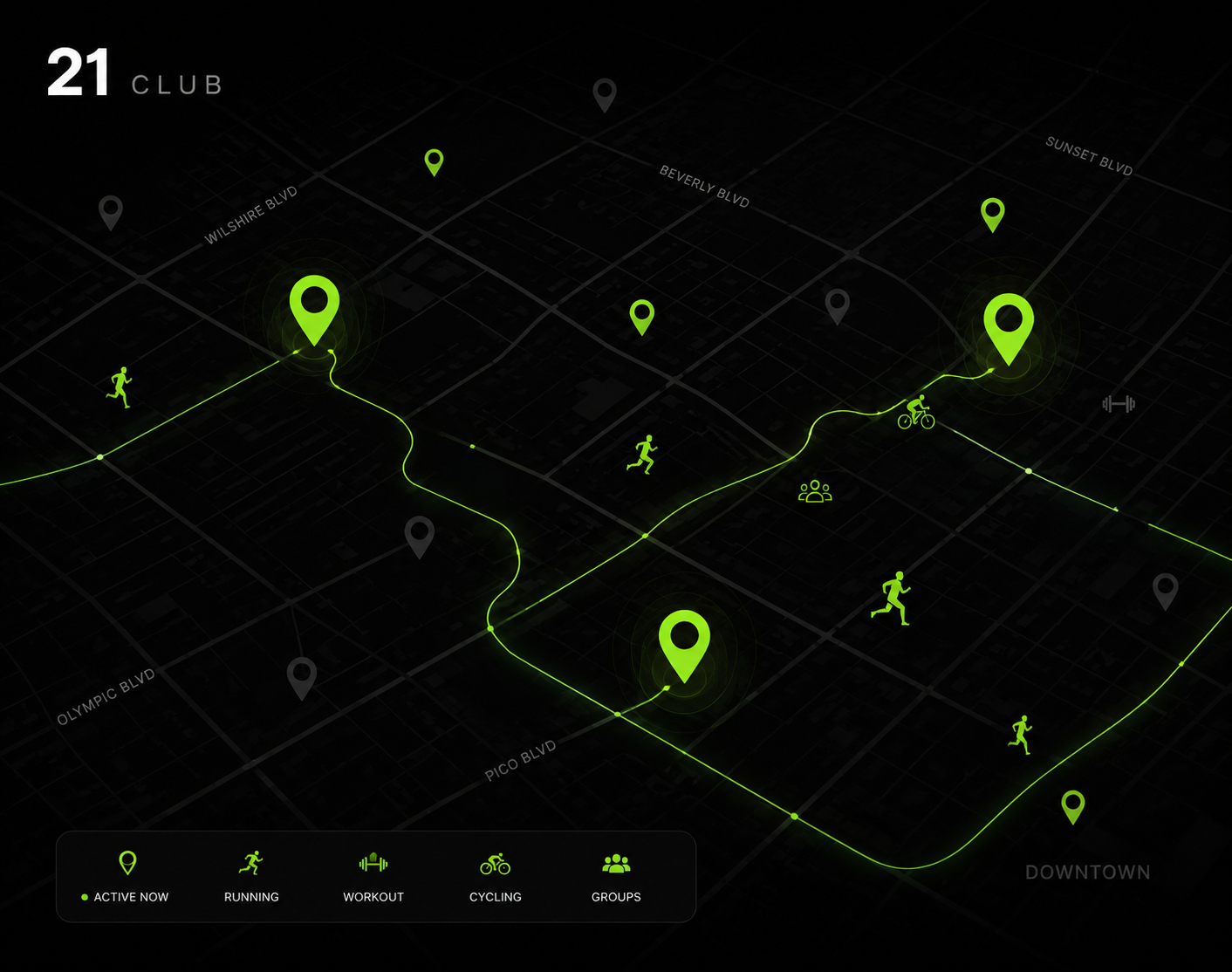 Live map of nearby activities — runs, workouts, cycling, squads