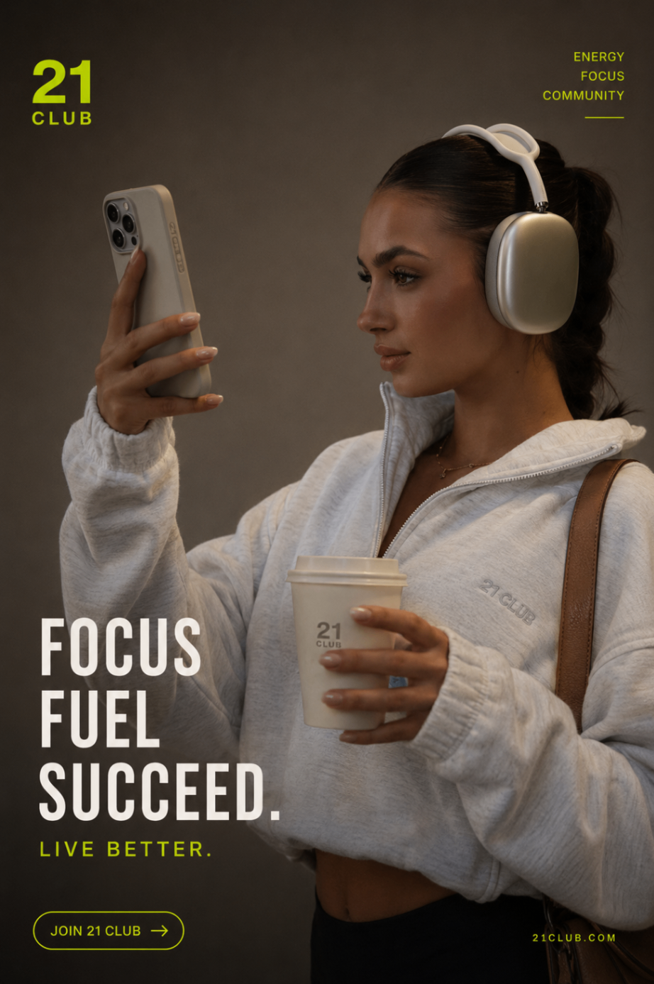 21 Club focus and wellness poster with coffee and headphones